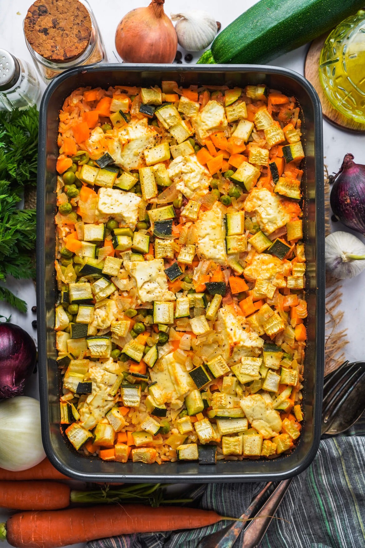 Feta ofen Reis mit Gemüse Auflaufform